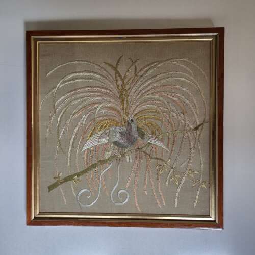 Bird of Paradise Embroidery on Linen, 20th Century Needlework