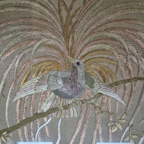 Bird of Paradise Embroidery on Linen, 20th Century Needlework