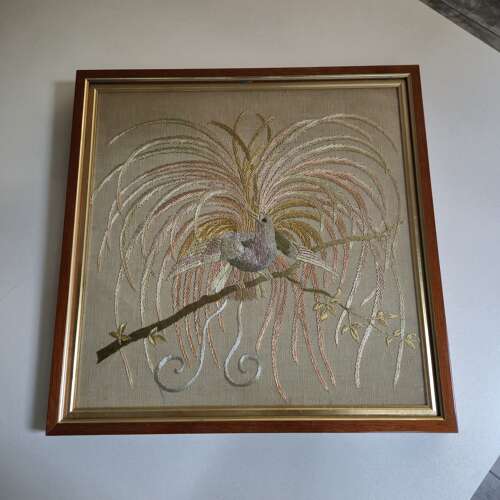 Bird of Paradise Embroidery on Linen, 20th Century Needlework
